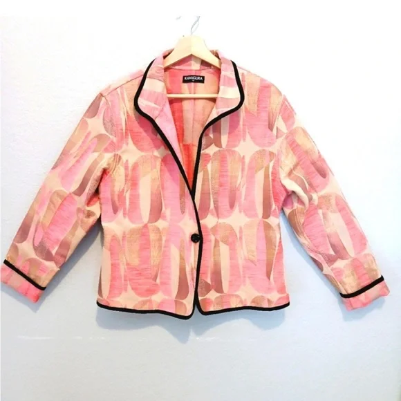 Khangura Pink, Cream & Tan Tapestry Pattern Blazer Black Trim Sz Large Like New - Picture 2 of 9